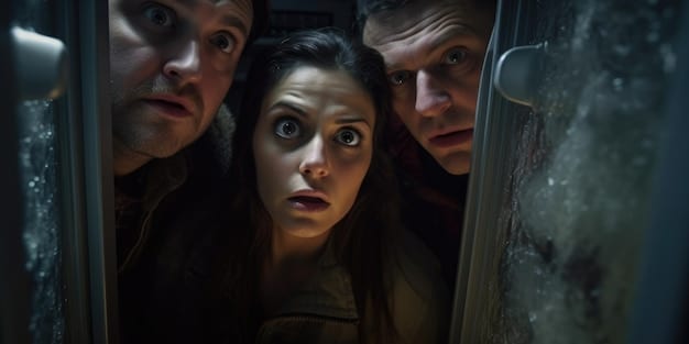 A still from a suspenseful thriller film, featuring the main character looking anxiously over their shoulder in a dimly lit alleyway. The composition emphasizes shadows and dramatic lighting to convey a sense of danger and uncertainty.