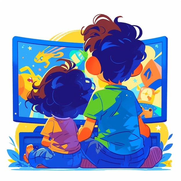 A cartoon graphic illustrating various streaming service logos (Netflix, Globoplay, Amazon Prime Video, Disney+) arranged around the silhouette of a child's head, emphasizing content access.