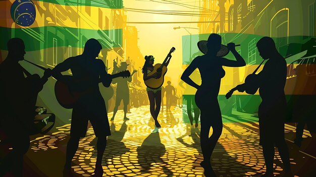An image depicting stylized silhouettes of people playing various games (mobile, console, PC) against a backdrop of the Brazilian flag, symbolizing the diverse gaming interests within the country.