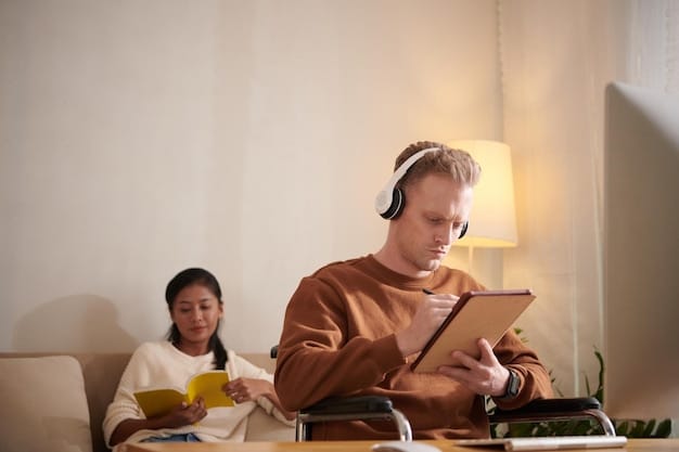 A person with hearing aids is watching a streaming service on a tablet. The screen displays clear and synchronized subtitles, enhancing their viewing experience.