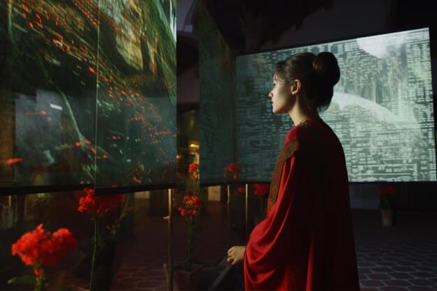 A futuristic visual representation of an AI algorithm analyzing movie or TV show data with Brazilian flag subtly integrated. The image suggests complex data processing and personalized recommendation generation.