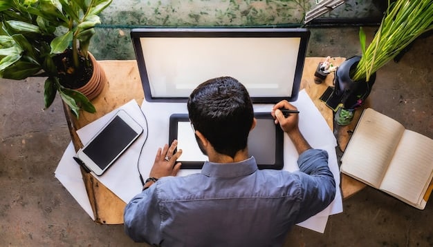 A focused independent filmmaker meticulously reviewing and editing a film proposal on a laptop, surrounded by stacks of research documents and creative notes, illustrating the importance of thorough preparation and attention to detail in the funding application process.