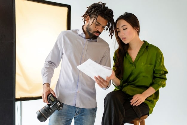 Two filmmakers, one Brazilian and one foreign, deeply engrossed in a script discussion in a modern, collaborative workspace, symbolizing the blend of creativity and expertise in international co-productions.