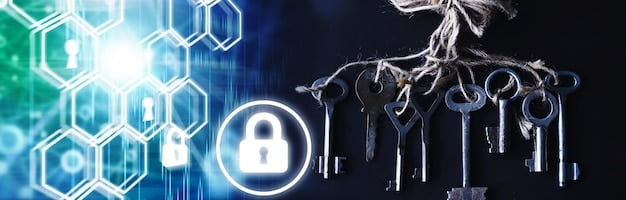 A digital representation of a complex network with locks and keys, symbolizing the challenges of online security and content protection.