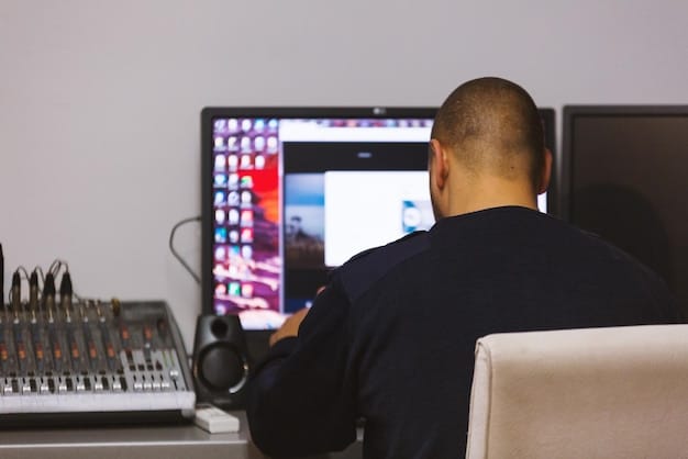 The editing suite where the film's editor is meticulously reviewing footage on a large monitor. Around them are various hard drives and editing equipment, showcasing the technical aspects of post-production. The room is dimly lit to provide optimal viewing conditions.