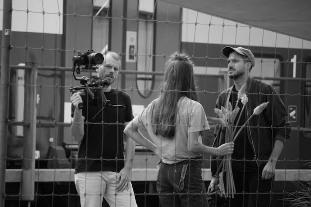 A behind-the-scenes shot from a Brazilian film set, showing a diverse crew working together under the direction of an emerging female director. The atmosphere is collaborative and focused.