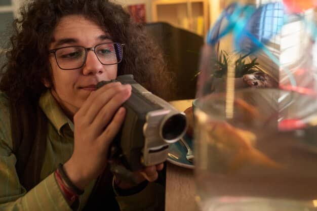 A behind-the-scenes shot of a Brazilian film crew working on a low-budget set, emphasizing the resourcefulness and adaptability required in a challenging economic climate. The equipment is simple, and the atmosphere is collaborative and determined, showing how filmmakers overcome obstacles.