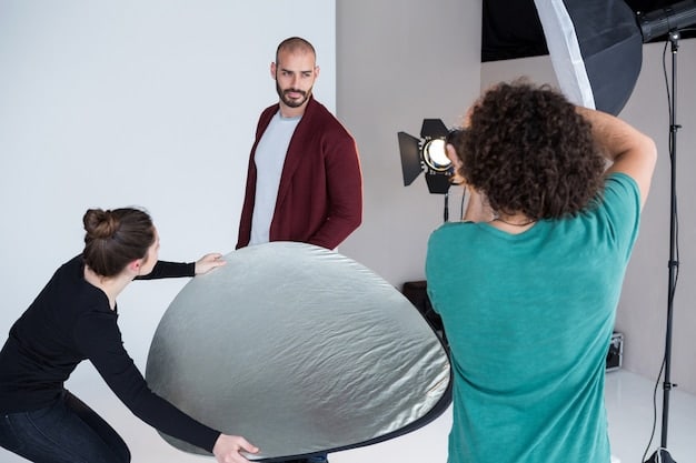 A behind-the-scenes shot of a Brazilian-international co-production film set, showing the collaboration between Brazilian and foreign crew members, highlighting the exchange of expertise and cultural collaboration.