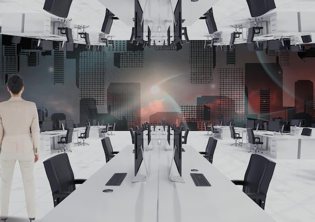 A behind-the-scenes shot of the visual effects team working on a complex scene with multiple monitors displaying intricate 3D models and simulations. The team is focused and collaborative, showcasing the technical expertise involved.