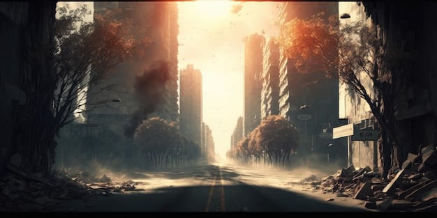 A wide shot of a ruined city street in the Fallout universe, with a destroyed car in the foreground and dilapidated buildings in the background. A few characters in wasteland attire are scavenging for supplies.