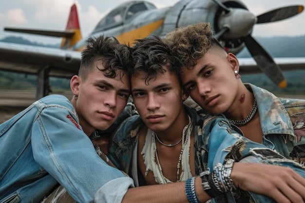 A group of young airmen standing in front of a B-17 bomber, looking determined and slightly apprehensive. They are wearing their flight gear and posing for a photograph.