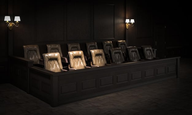 A dimly lit courtroom scene from 'Presumed Innocent' series, focusing on the tense expressions of the lawyers and the defendant.
