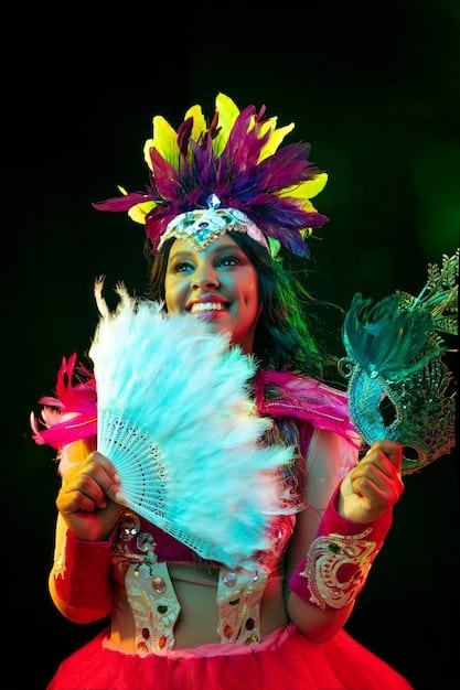 A vibrant scene from a Brazilian film showcasing a carnival celebration, emphasizing the use of bold and contrasting colors. Focus on the elaborate costumes and the energetic atmosphere.