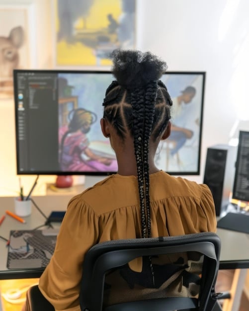 A behind-the-scenes shot of a modern Brazilian animation studio, showing animators working on computers amidst storyboards and character designs. The image should convey a sense of collaboration, creativity, and technological proficiency.