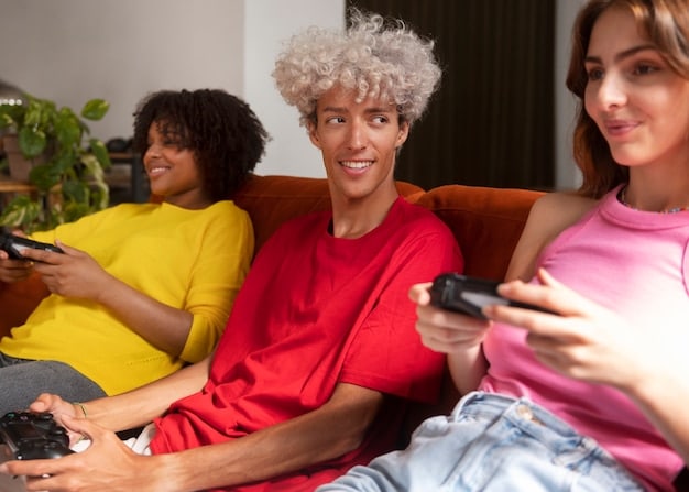 A scene depicting a diverse group of people watching a Brazilian film on a streaming platform using various devices (smartphones, tablets, TVs). The image represents the accessibility and global reach of Brazilian cinema through streaming services.