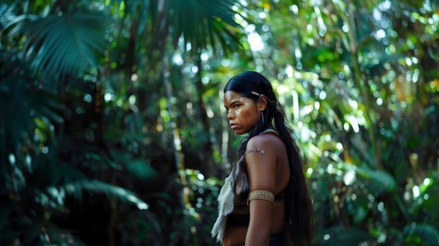 A scene from a documentary film showing an indigenous Brazilian tribe in the Amazon rainforest, with lush greenery in the background. The tribe members are engaged in traditional rituals, highlighting their connection to the land.
