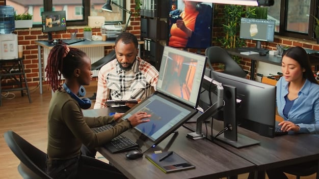 A modern Brazilian film editing suite, showcasing digital workstations, editing software interfaces, and a diverse team of editors collaborating on a project.