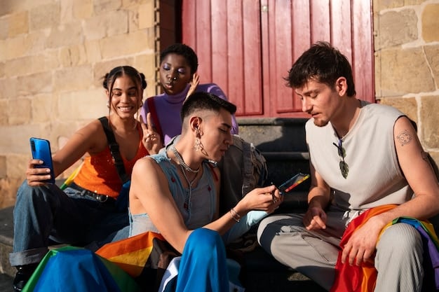 A diverse group of young Brazilians, engrossed in watching movies on their phones and laptops, showcasing a vibrant and informal viewing culture.