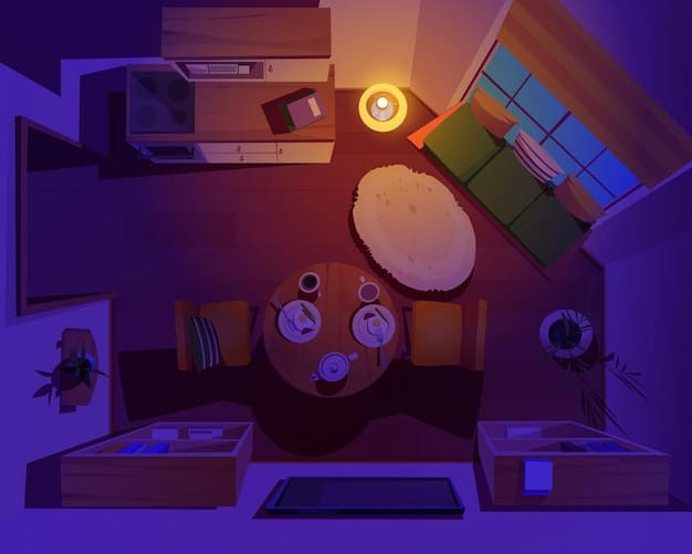Overhead shot of a living room at night, illuminated by the glow of a large TV displaying a streaming service interface with various content thumbnails, depicting a cozy and inviting viewing atmosphere.