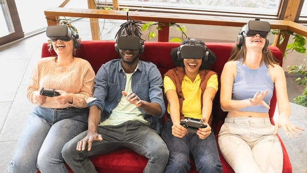 A group of young Brazilians, diverse in background, wearing VR headsets and smiling as they interact with virtual content. The background shows vibrant, stylized digital elements suggesting interactive streaming environments, with elements of Brazilian culture implicitly present.