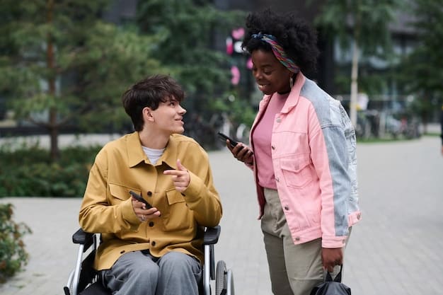 A diverse group of people, including someone using a wheelchair, another with headphones for audio description, and an older person with large-text subtitles, all happily watching content on different devices (TV, tablet, phone). The setting is a cozy, modern living room.