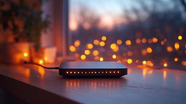 A close-up of a modern Wi-Fi router with glowing lights, sitting on a clean desk, symbolizing strong and stable internet connectivity.