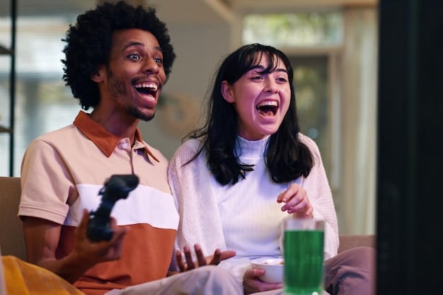 A group of friends laughing and engaging while watching a Brazilian comedy exclusive on a large screen, with popcorn and drinks scattered around, capturing a moment of shared entertainment and cultural immersion.