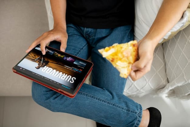 A person contemplatively browsing streaming service menus on a tablet, with various show thumbnails visible, emphasizing the act of carefully choosing content rather than impulsively selecting.