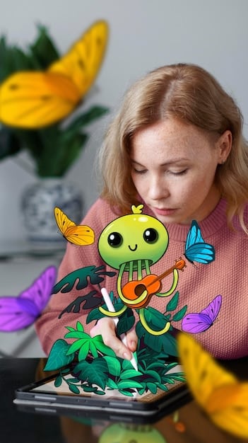 A child happily drawing on a tablet, with a blurred TV screen in the background showing colorful animated content. The child is focused and engaged in a creative activity.