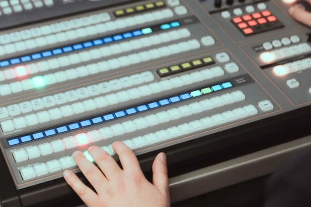 A detailed hand working on a sound mixing board with a computer screen in the background showing audio waveforms and captioning software, symbolizing the intricate technical work involved in creating accessible content features.