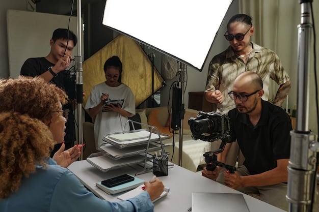 A diverse group of Brazilian filmmakers and actors collaborating on a set, with cameras, lights, and production equipment visible, capturing the energy of local content creation.