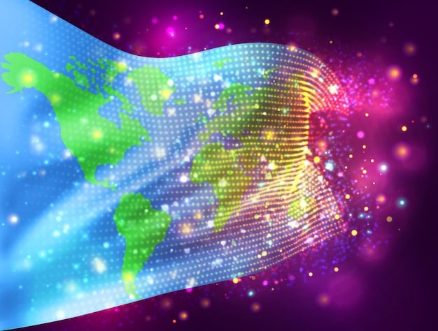 A world map depicted with prominent light points over Brazil, symbolizing the global reach and impact of Brazilian streaming content, with various content icons emanating from the country.