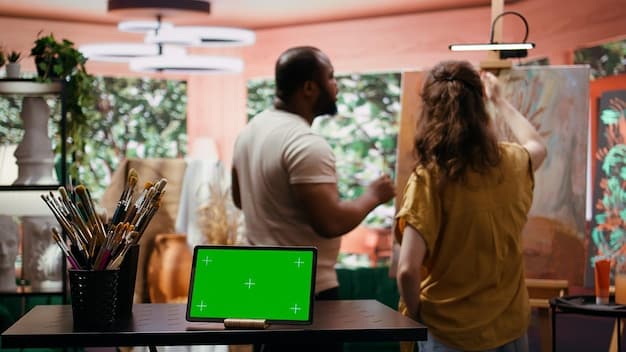 A diverse group of animators collaborating intensely around a digital drawing tablet, showcasing teamwork and creative energy in a bright studio environment.