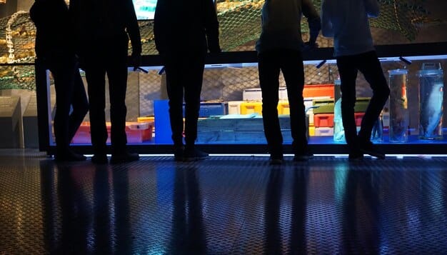 A bustling festival lobby with industry professionals animatedly discussing films and exchanging business cards, emphasizing the networking aspect of physical events.