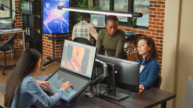 A diverse group of young Brazilian filmmakers collaborating intensely during a workshop, surrounded by editing software on screens, illustrating innovation and mentorship in film production.