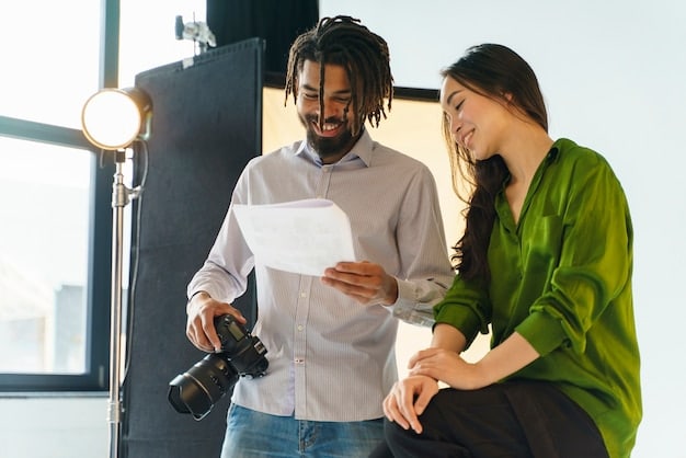 A Brazilian film director and a financial analyst in a meeting, reviewing documents and discussing investment strategies for a documentary project, emphasizing the business side of filmmaking.