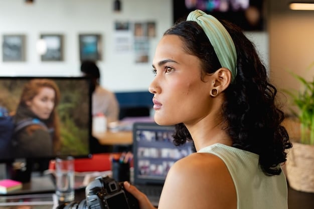 A close-up shot of a diverse film crew on set in Brazil, focusing on a female director speaking with her cinematographer.