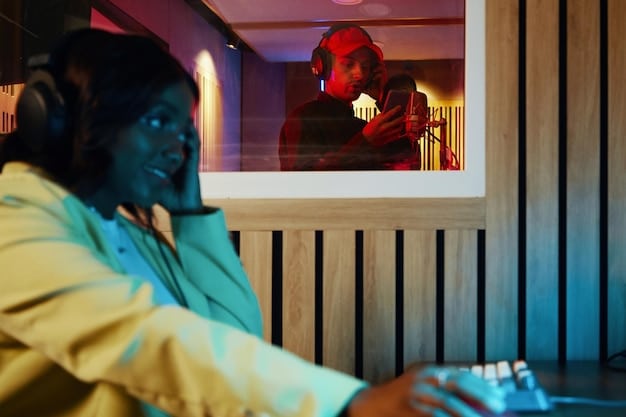 A diverse group of Brazilian filmmakers discussing a script while an AI interface projects holographic data, illustrating collaboration between human creativity and technological assistance.