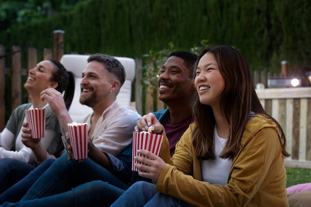 A panoramic shot of a crowded, diverse audience watching a film at an outdoor Brazilian film festival, with light effects highlighting their engaged faces, symbolizing the growing national appreciation for varied cinematic content.