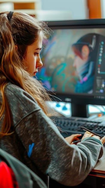 A close-up shot of a student editing footage on a computer in a modern film school lab, with professional editing software visible on screen.