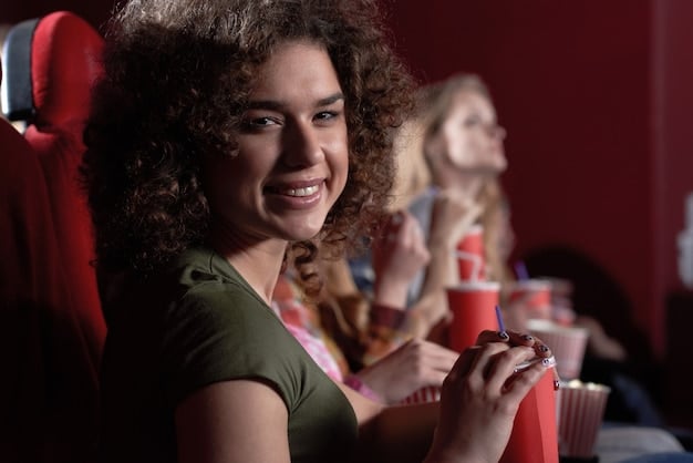 A diverse group of young Brazilians engrossed in a movie screening in an indie cinema, with subtle hints of modern technology like QR codes or interactive screens, illustrating renewed audience engagement.