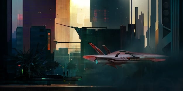 A futuristic cityscape at dusk with neon lights and flying vehicles, hinting at a complex sci-fi world, with a detective-like figure silhouetted in the foreground.