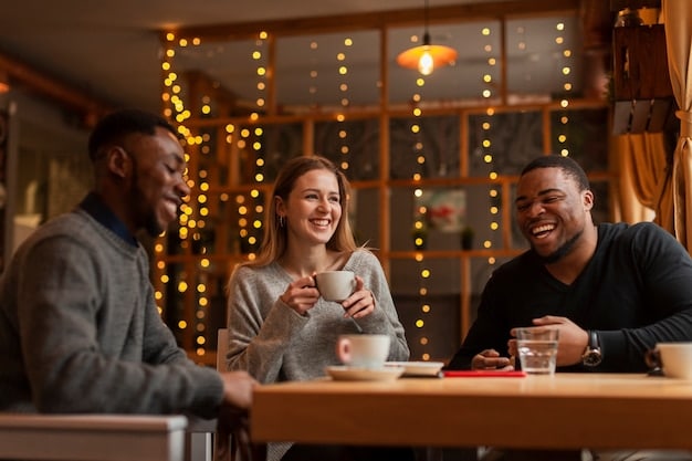 A diverse group of friends laughing together in a brightly lit, cozy coffee shop, with colorful wall art and warm lighting. Their expressions convey genuine joy and shared amusement, reflecting the theme of ensemble comedy.