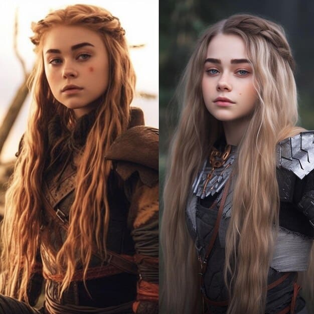 A split image or a juxtaposed series of two portraits of Daenerys Targaryen from 