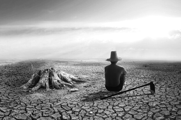 A stark landscape split between lush greenery and a desolate, drought-cracked earth, symbolizing the environmental crisis, with a solitary human figure looking on, emphasizing responsibility.
