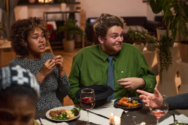 A group of friends laughing and sharing a meal, symbolizing the warm and relatable dynamics of a close-knit ensemble cast.