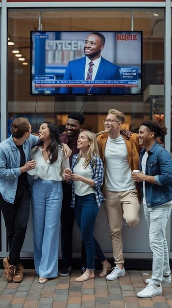 A television screen showing a diverse group of actors from a popular series, specifically featuring characters who represent different sexual orientations and gender identities, portraying authentic human connections.
