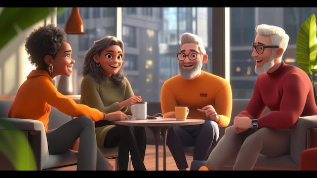 A diverse group of animated characters of varying ages and styles, sitting together discussing a complex topic, conveying sophisticated storytelling.