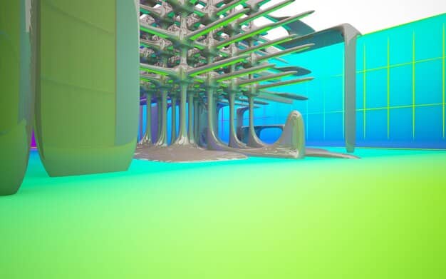 A stylized, futuristic animation studio designed with sustainable elements like solar panels, green walls, and characters collaborating in a harmonious, eco-friendly workspace.