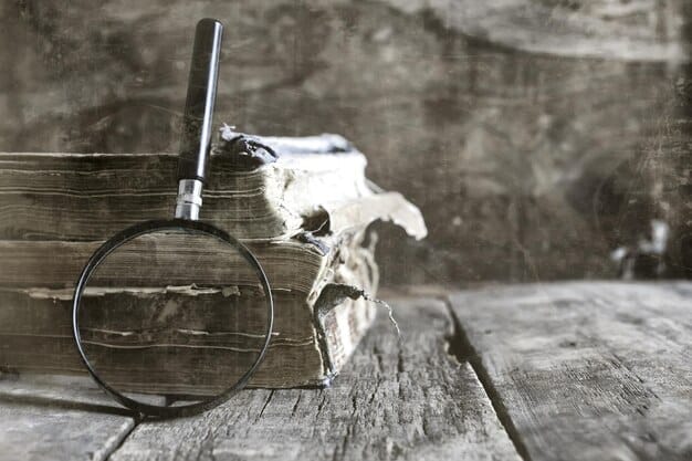 A detective's desk covered in documents, maps, and photographs, with a magnifying glass and a vintage typewriter, symbolizing meticulous investigation and storytelling in true crime.